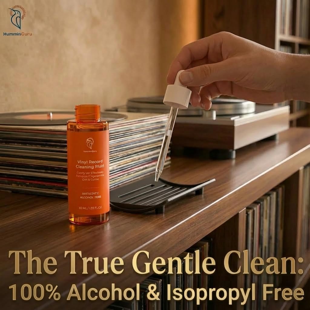 HumminGuru I-Brush Vinyl Record Cleaning Kit, Anti-Static Vinyl Record Cleaner Kit with Dual Velvet Pads Vinyl Record Brush + Alcohol-Free Record Cleaning Solution + LP Brush Holder (Orange: I-Brush)