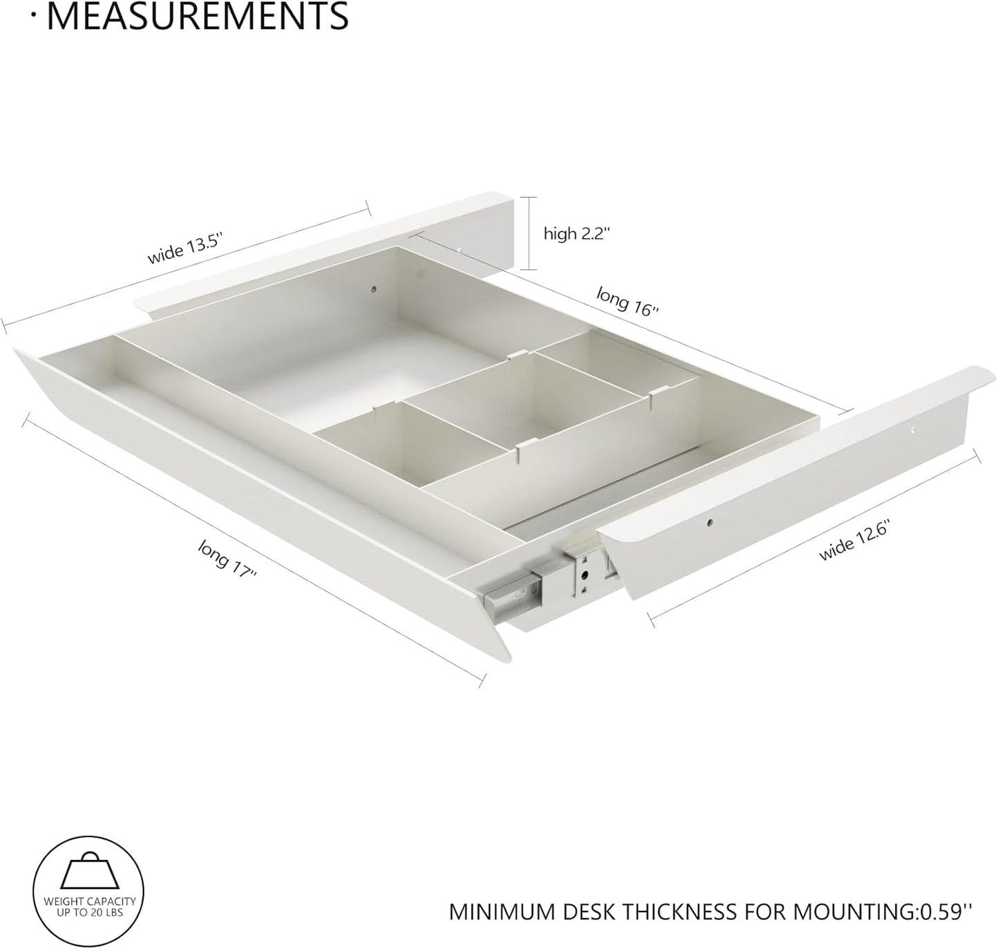 White Under Desk Sliding Pull-out Drawer with Pencil Tray and Slide Storage Tray, 17'' long & 13.5'' deep Large Organizer for Sit Stand Workstation…