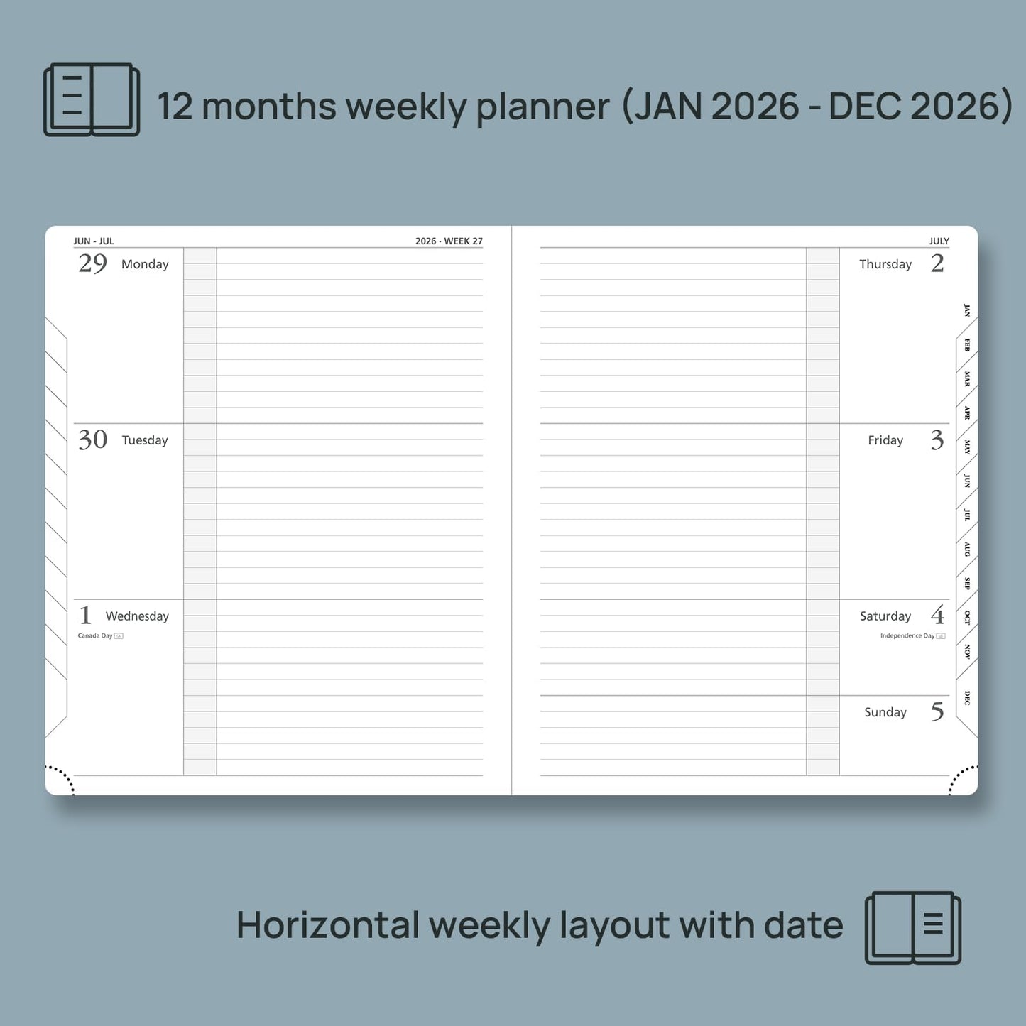 POPRUN 2026 Weekly & Monthly Planner Calendar, 8.5" x 10.5" Large, Horizontal Layout with Lined Sections, Jan. 2026 - Dec. 2026, Leather Hardcover, 100GSM Paper, Inner Pocket - Army Green