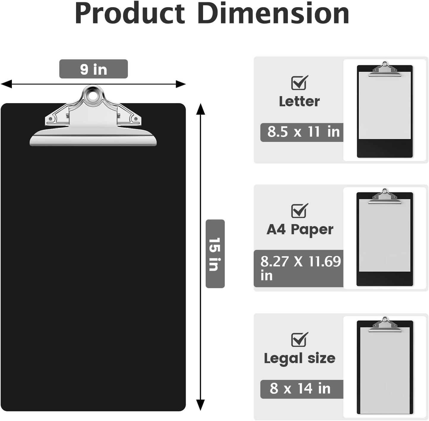 Legal Size Clipboard, Black Plastic 8.5 x 14 Clip Board for Lawers, Heavy Duty Butterfly Clip, 9 x 15 in, Office & School Supply(Pack of 10)