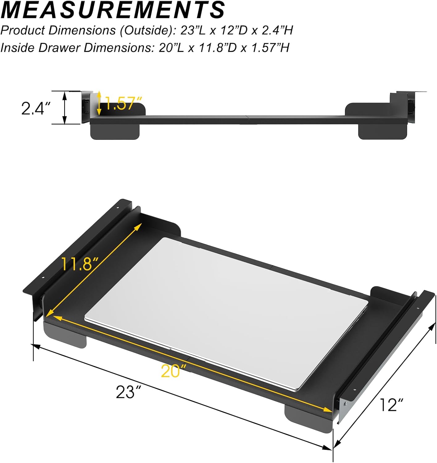 20 Inch Under Desk Mounted Sliding Loptop Drawer, Desktop Extension Pull-Out Laptop Tray for Office Desk, Extra Storage Organizer for Sit Stand Workstation