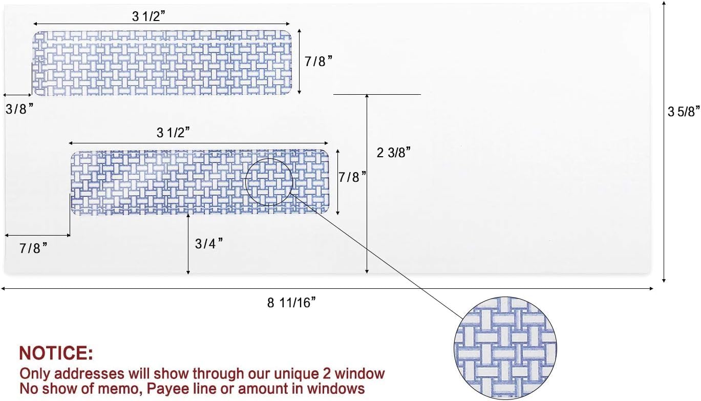 #8 Double Window Security Check Envelopes, No.8 Double Window Bussiness Envelopes Designed for QuickBooks Checks - Computer Printed Checks - 3 5/8 X 8 11/16 (NOT for INVOICES) - 24 LB - 100 PACK