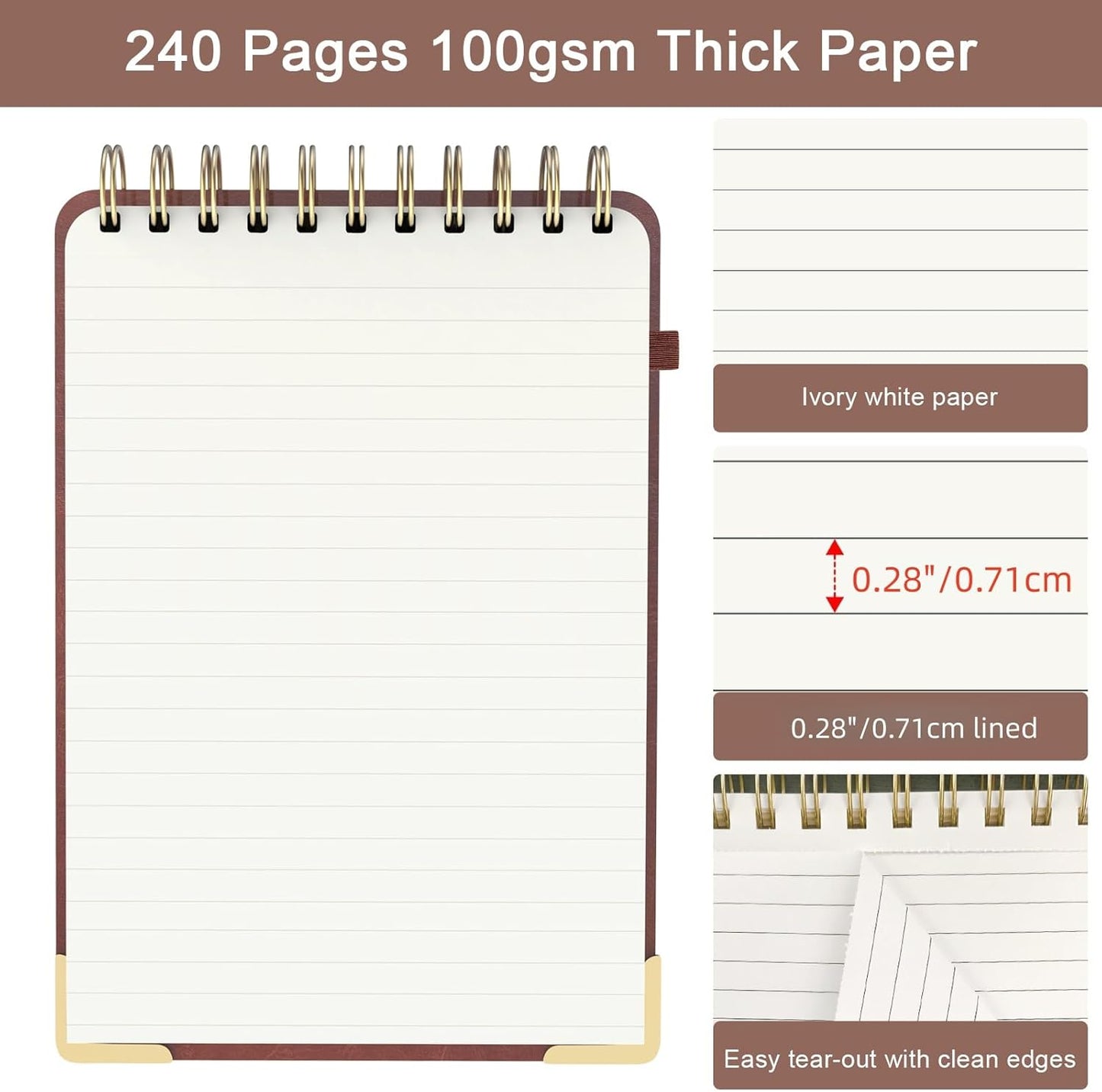 Aesthetic Top Spiral Notebook, A5 Linen Hardcover Top Bound Steno Pads, 240 Pages 100gsm Thick Lined Paper Left Handed Notebook Journal for Work, School, Church Writing - Brown, 5.9" x 8.5"