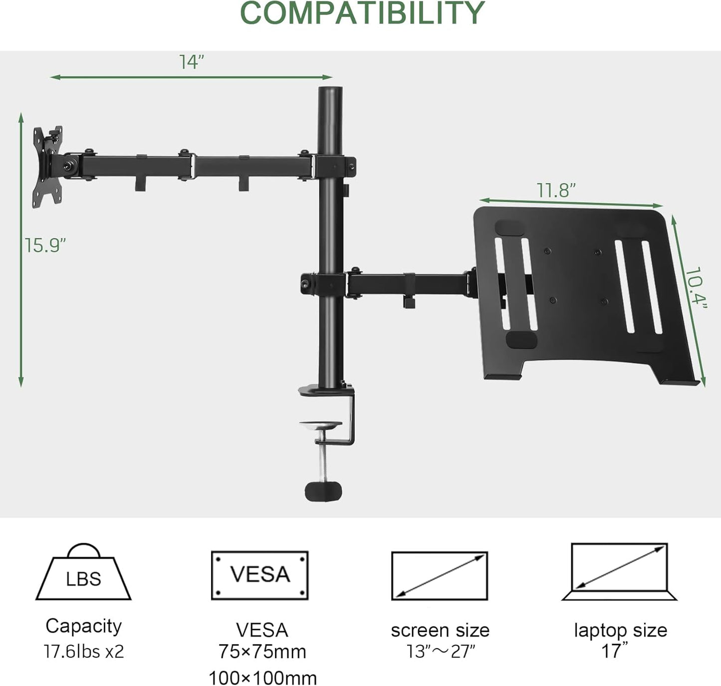 Monitor and Laptop Mount, Monitor Arm with Vented Tray for 13" to 27" LCD Computer Screens and Notebook up to 17 inch, Fully Adjustable Laptop Mount Stand Holds up to 17.6lbs