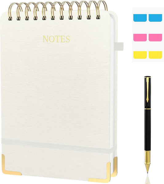 Aesthetic Top Spiral Notebook, A5 Linen Hardcover Top Bound Steno Pads, 240 Pages 100gsm Thick Lined Paper Left Handed Notebook Journal for Work, School, Church Writing - Beige, 5.9" x 8.5"