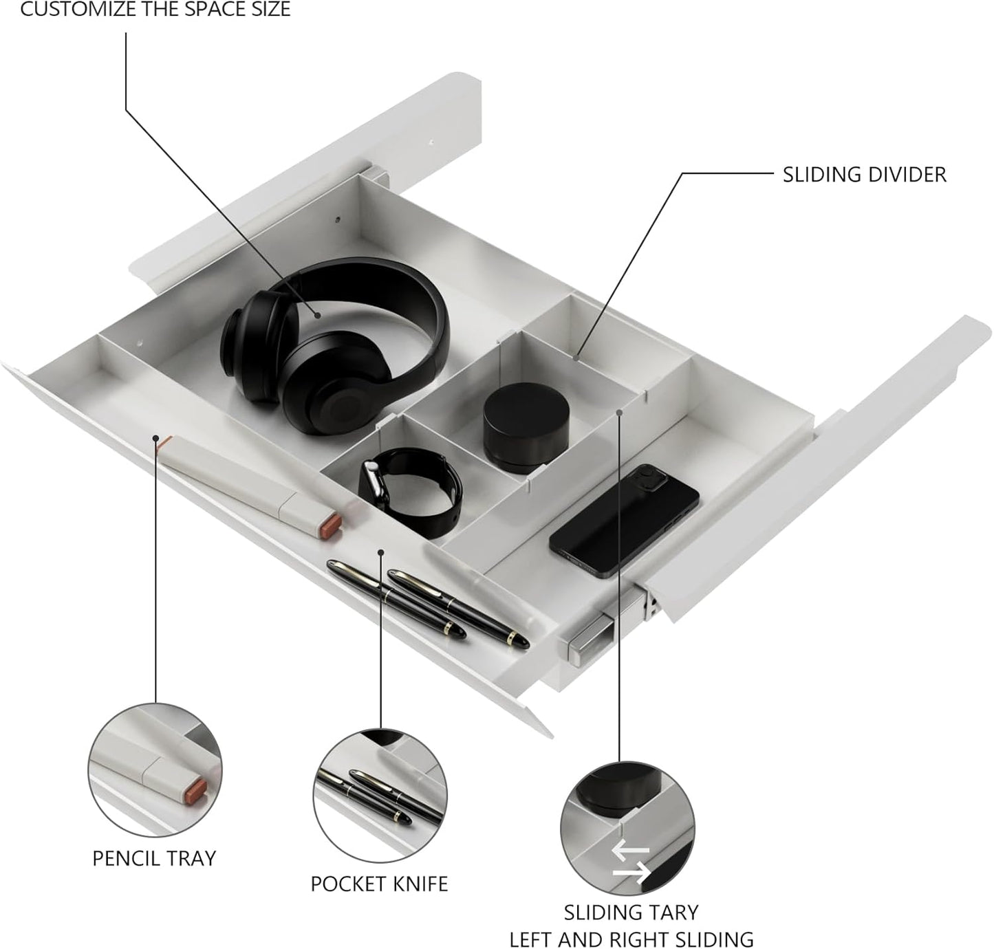 White Under Desk Sliding Pull-out Drawer with Pencil Tray and Slide Storage Tray, 17'' long & 13.5'' deep Large Organizer for Sit Stand Workstation…