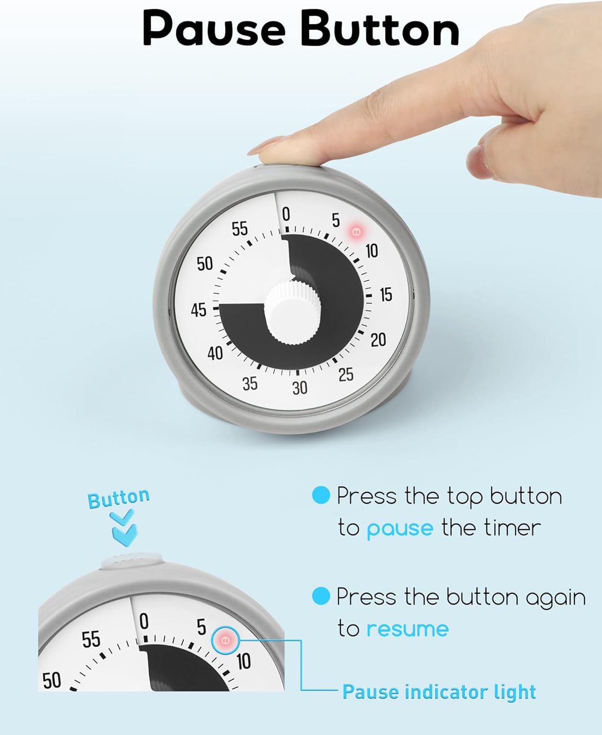 Visual Timer for Kids with Pause Button, 60-Minute Countdown Timer with Silent Operation, Desk Pomodoro Timer Kid Time Management Tools for Classroom, Office and Kitchen, Gray