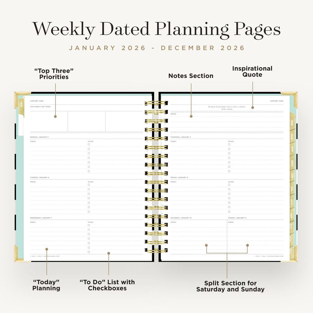 Day Designer 2026 Weekly Planner – Premium Planner for Stylish Organization. Combines Weekly & Monthly Calendars, Daily Schedule, Notes Pages, Goal Setting, Stickers, Pocket & More. Elegant Laminated Cover with Gold Accents (Black Stripe Design - 2026)