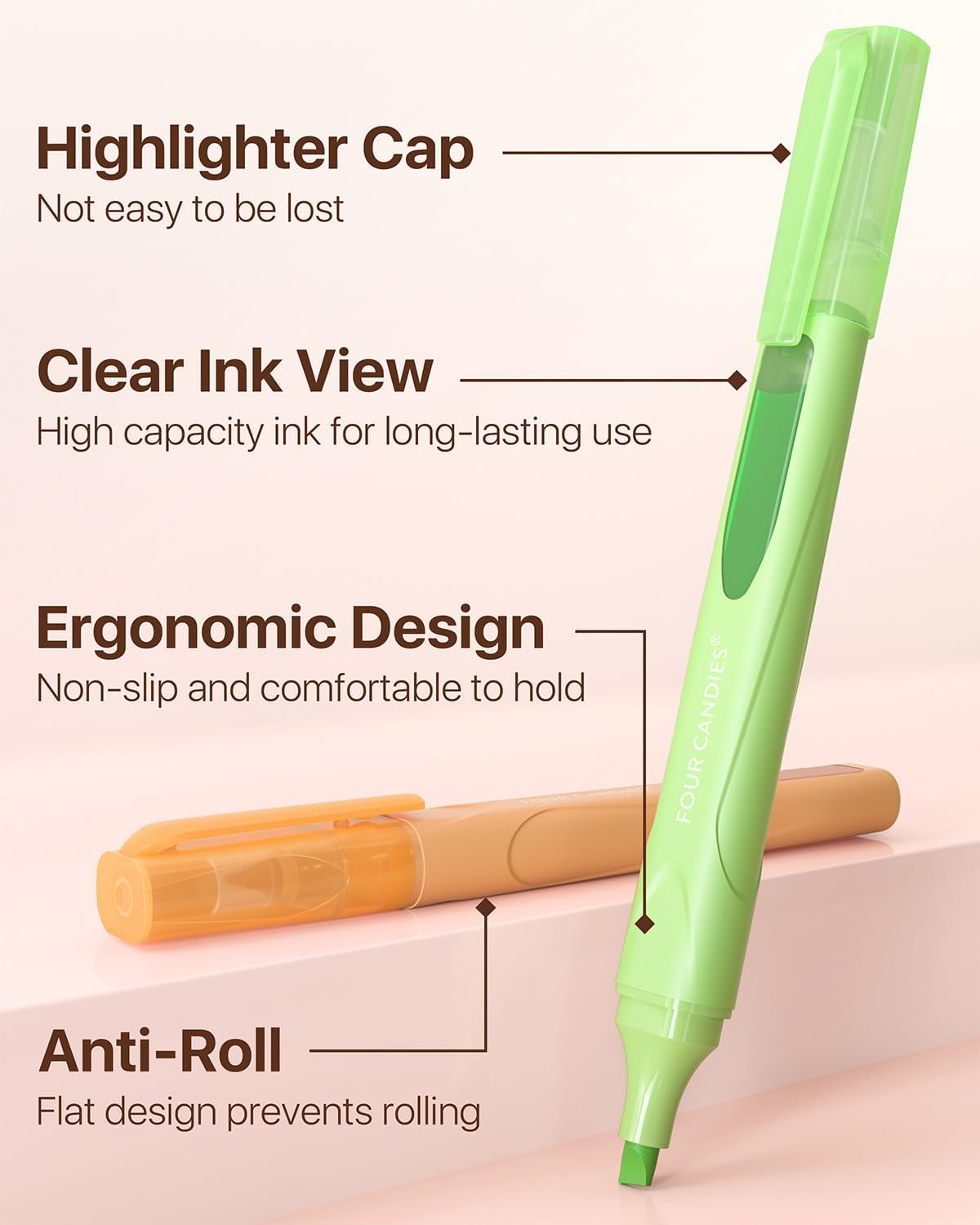 Four Candies Highlighters Assorted Colors, Liquid Highlighter with Clear View Design, Soft Chisel Tip, Classic Colors, 10 Pcs No Bleed Cute Highlighters