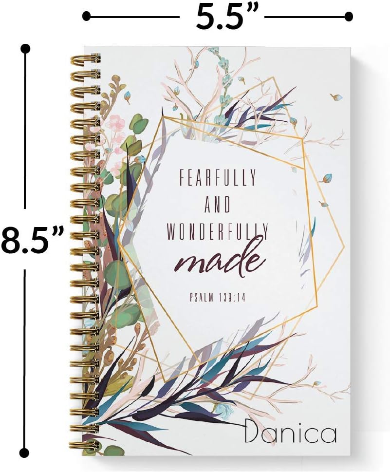 Gotcha Covered Notebooks Wonderfully Made Personalized Religious Notebook/Journal, Laminated Soft Cover, 120 pages of your selected paper, lay flat wire-o spiral. Size: 5.5” x 8.5”. Made in the USA