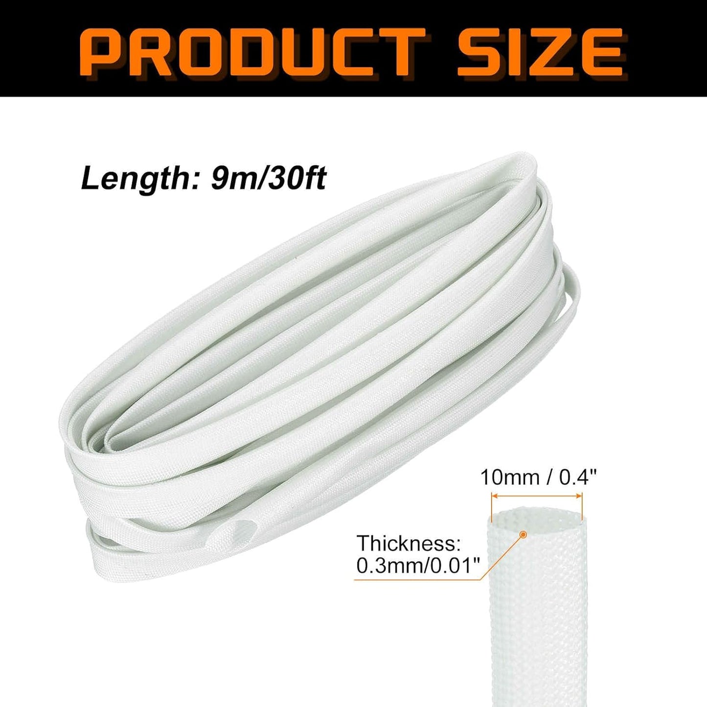 MECCANIXITY 30ft Braided Cable Sleeve, 0.4" ID 200C High Temperature 1500V Fiberglass Wire Insulation Cord Protector Organizer Wires Management for Motor Engine Fuel Line, White