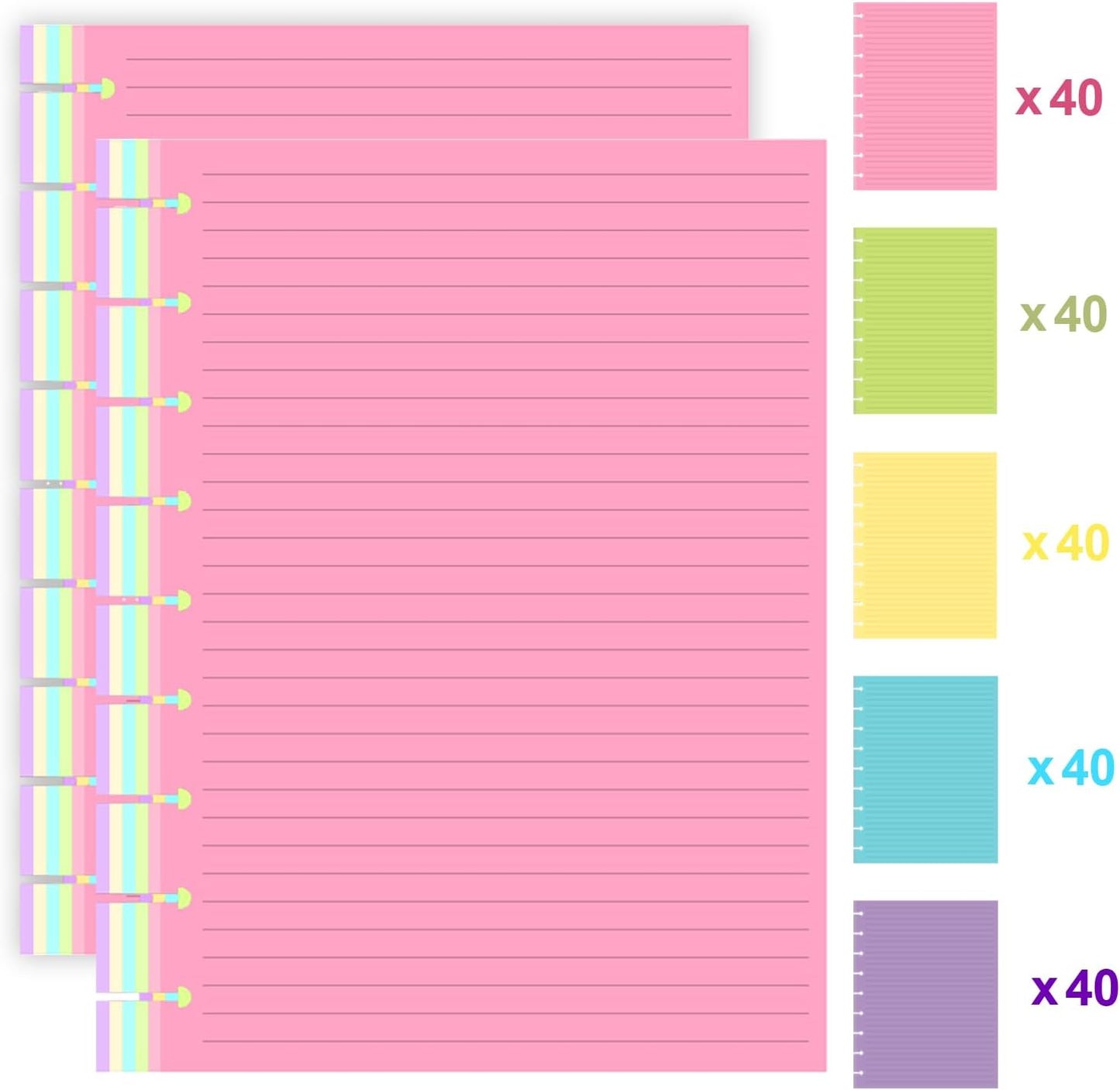 (2-Pack) 9 Disc Lined Refills for Happy Planner, 110 Gsm Loose-leaf Discbound Inserts, 5-Color (Per Color 40 Sheets/80 Pages) planner refills Paper, 200 Sheets/400 Pages, Classic Size 7 x 9.25 Inch