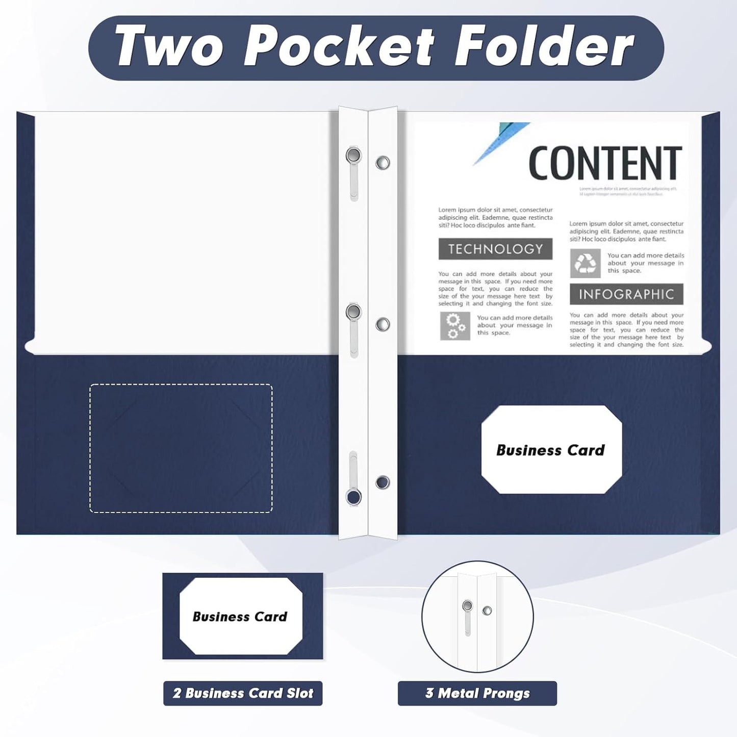 Two Pocket Folders, PANDRI 60 Pack Two Pocket Folders with Prongs, 3 Prong Folders Designed for Office and Classroom, Letter Size Darkblue