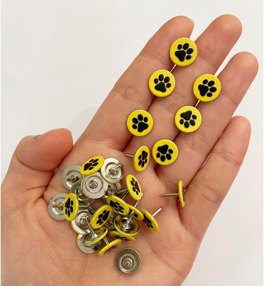 Let's Decorate 100PCS D11mm/0.43" Upholstery Tacks with Paw Paint, Decorative Tacks for Wooden Boxes, Furniture Metal Thumb Tacks, Cute DIY Decorative Nail Heads Nails (Flat Head,Yellow)