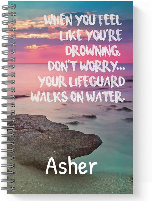 Gotcha Covered Notebooks Lifeguard Personalized Religious Notebook/Journal, Laminated Soft Cover, 120 pages of your selected paper, lay flat wire-o spiral. Size: 5.5” x 8.5”. Made in the USA
