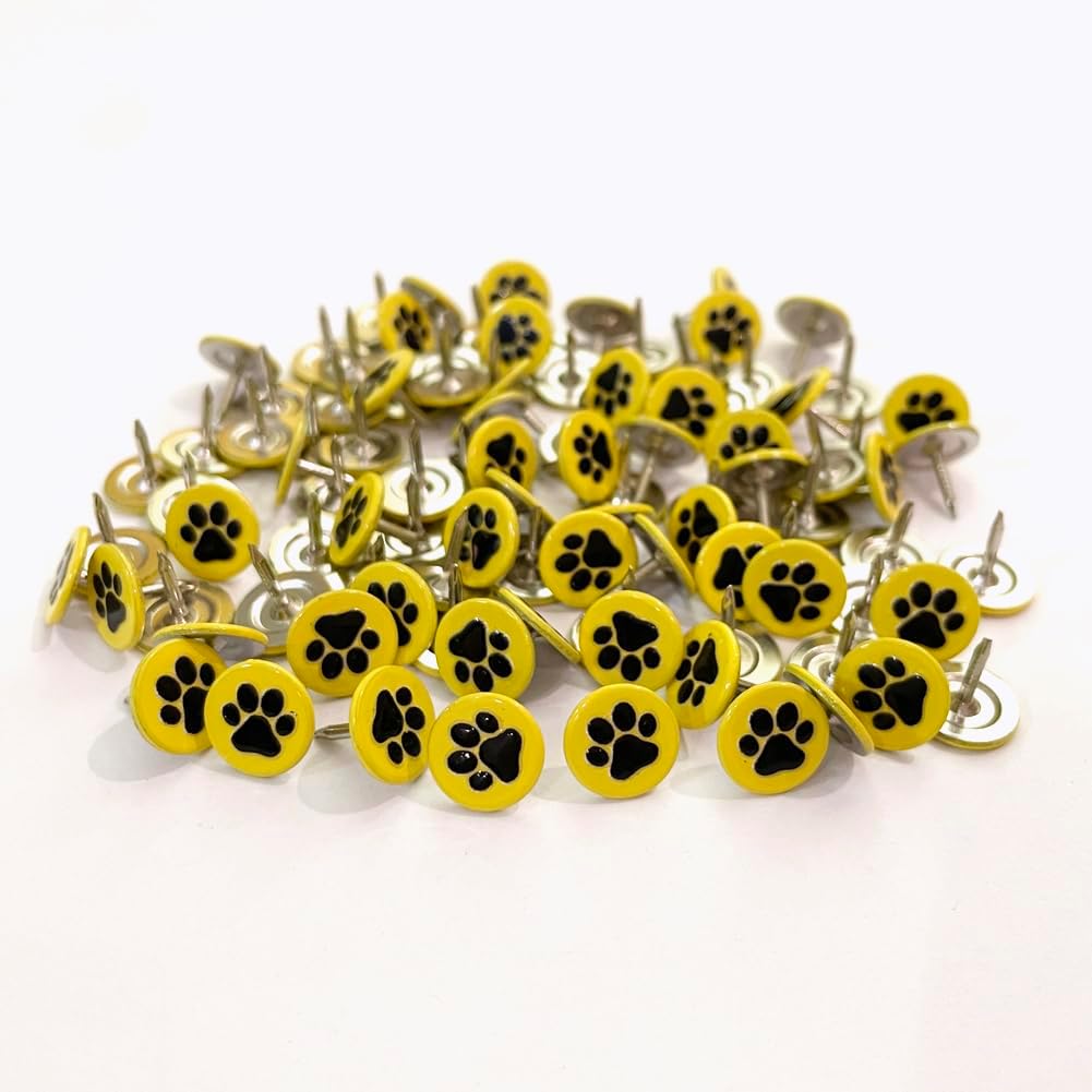 Let's Decorate 100PCS D11mm/0.43" Upholstery Tacks with Paw Paint, Decorative Tacks for Wooden Boxes, Furniture Metal Thumb Tacks, Cute DIY Decorative Nail Heads Nails (Flat Head,Yellow)