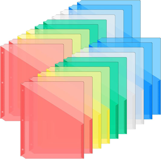 Maitys 30 Pack Binder Pockets 3 Hole Punch Clear Plastic Document Folders Binder Organizer Store Letter Size 8.5x11 Inch Paper Folders with Pockets Slash File Jacket for Office (Candy Color)