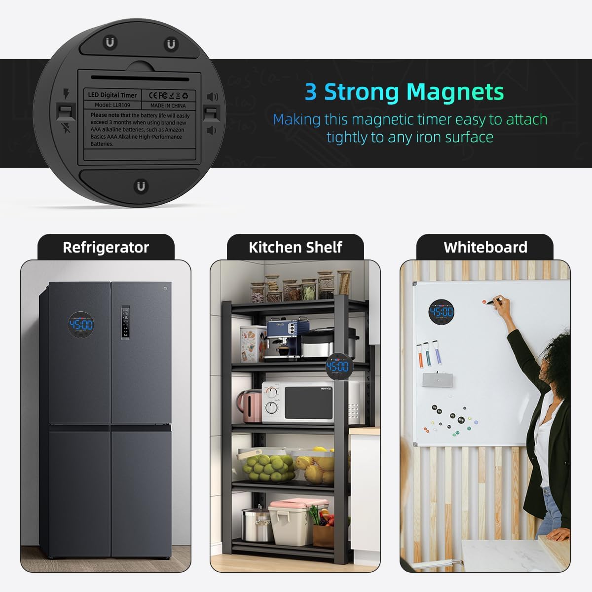 Visual Digital Timer for Kitchen, Classroom, Kids, Productivity, Magnetic Countdown Timer for Egg Cooking, Toddler, Focus, Work, Task, Small Desk with Large LED Display, Super Loud Alarm - Blue