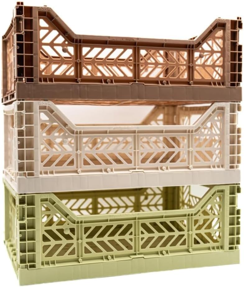 Collapsible Storage Box, Foldable Crate Organizer Bin with Handle, Stackable Crates for Home Organization (WarmTaupe-Lime-Coconut, 14L - 3 Pack)