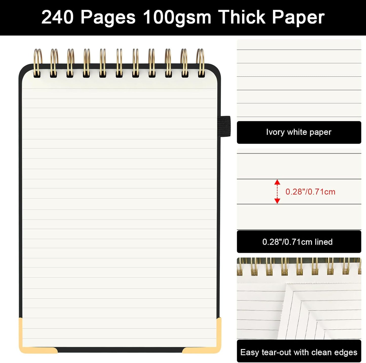 Aesthetic Top Spiral Notebook, A5 Linen Hardcover Top Bound Steno Pads, 240 Pages 100gsm Thick Lined Paper Left Handed Notebook Journal for Work, School, Church Writing - Black, 5.9" x 8.5"