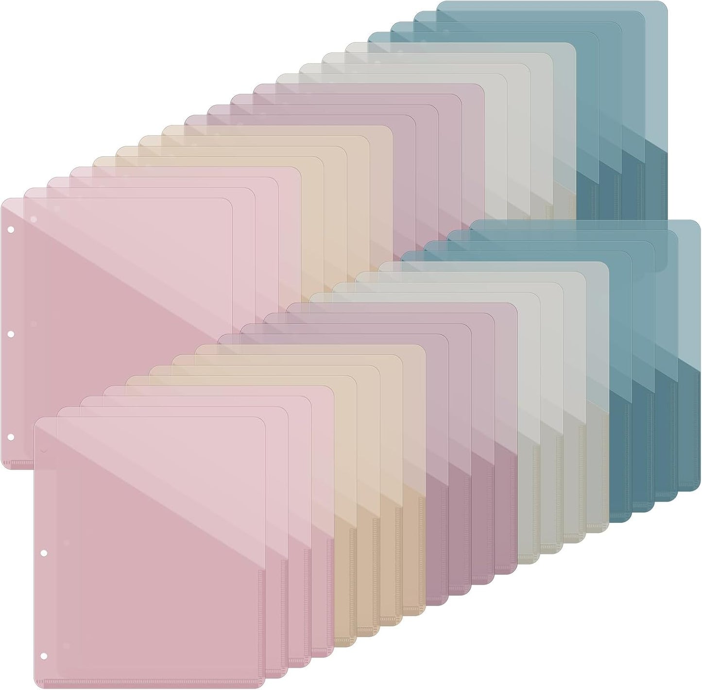 Maitys 50 Pack Binder Pockets 3 Hole Punch Clear Plastic Document Folders Binder Organizer Store Letter Size 8.5x11 Inch Paper Folders with Pockets Slash File Jacket for Office (Morandi Color)