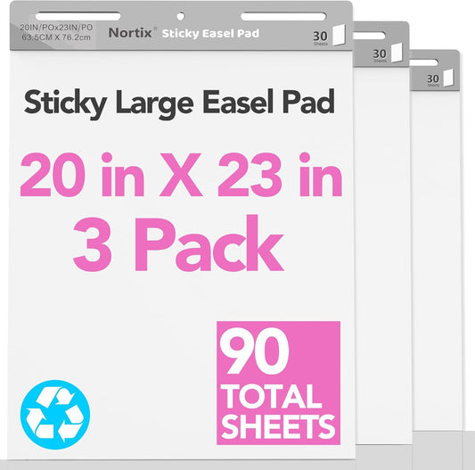 Nortix Flip Chart Paper, Sticky Easel Pads, Chart Paper for Teachers,Super Adhesive & Bleed-Resistant, Large Self-Stick Easel Paper for Classroom/Office, 20 x 23 inch, 30 Sheets/Pad, 3 Pads