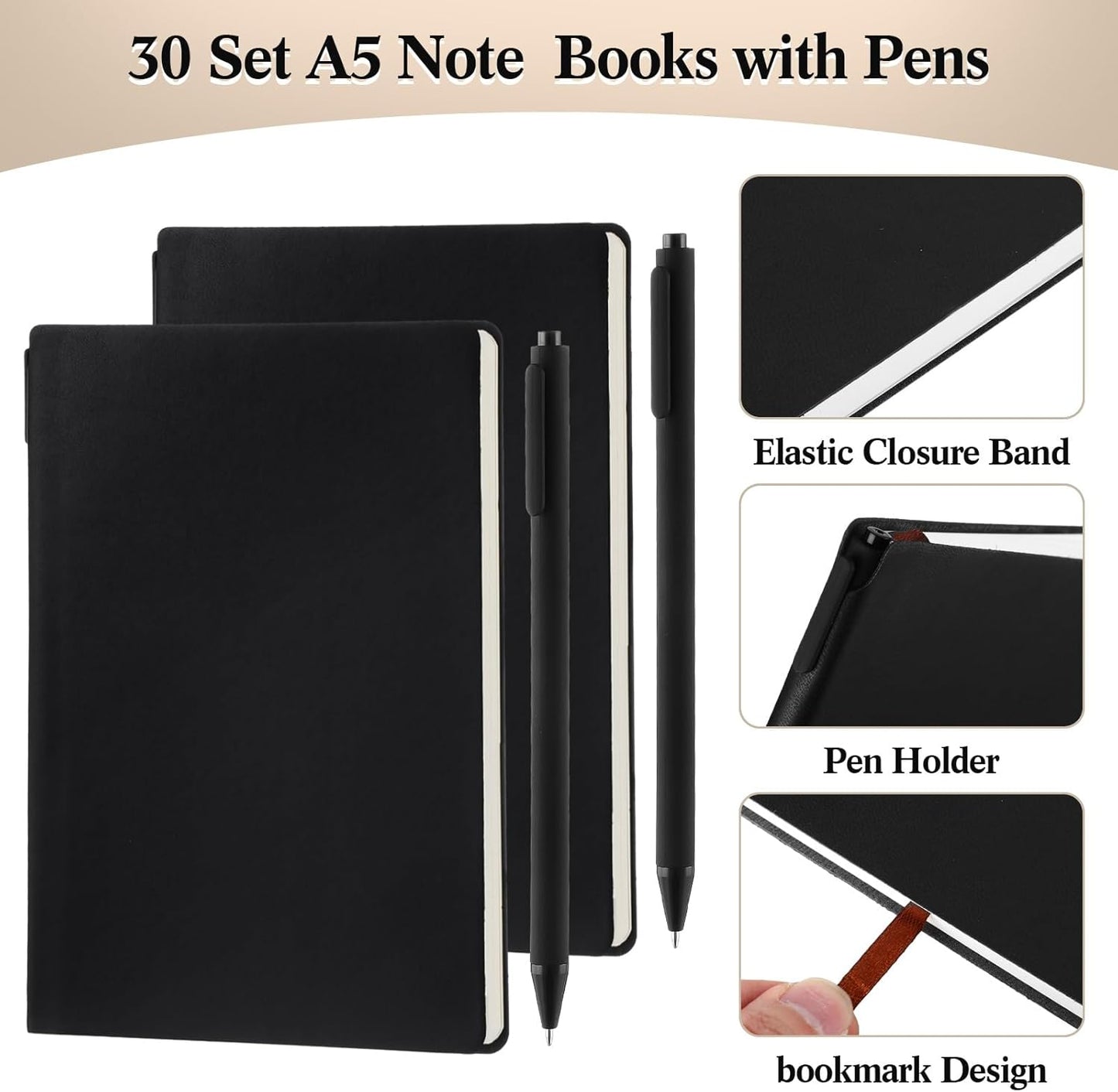 Jetec 30 Pack Notebooks Journals with 30 Pens, Bulk A5 Softcover Leather Notepad Journal with Pen for School Business Work Writing, 200 Pages(Black, Solid)