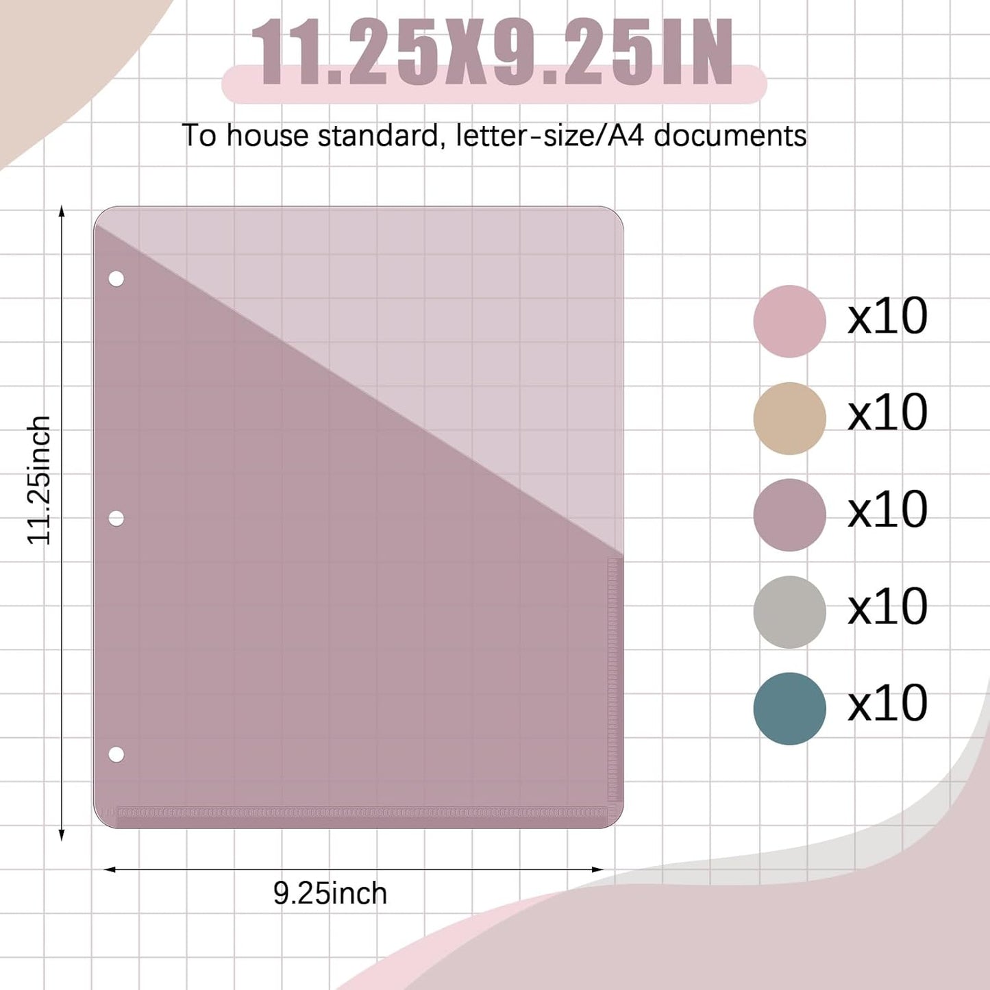 Maitys 50 Pack Binder Pockets 3 Hole Punch Clear Plastic Document Folders Binder Organizer Store Letter Size 8.5x11 Inch Paper Folders with Pockets Slash File Jacket for Office (Morandi Color)