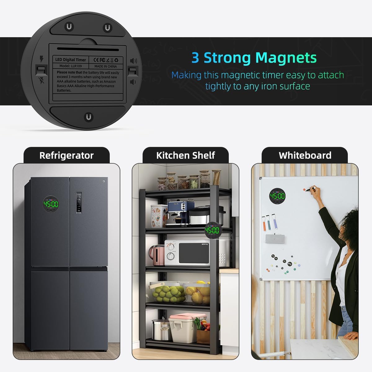 Large LED Digital Timer, Magnetic Countdown Loud Timer for Kitchen Cooking, Classroom Whiteboard, Kids, Toddler, Game, Productivity, Focus, Work, Task, Office, Meeting – Small, Simple, Visual - Green