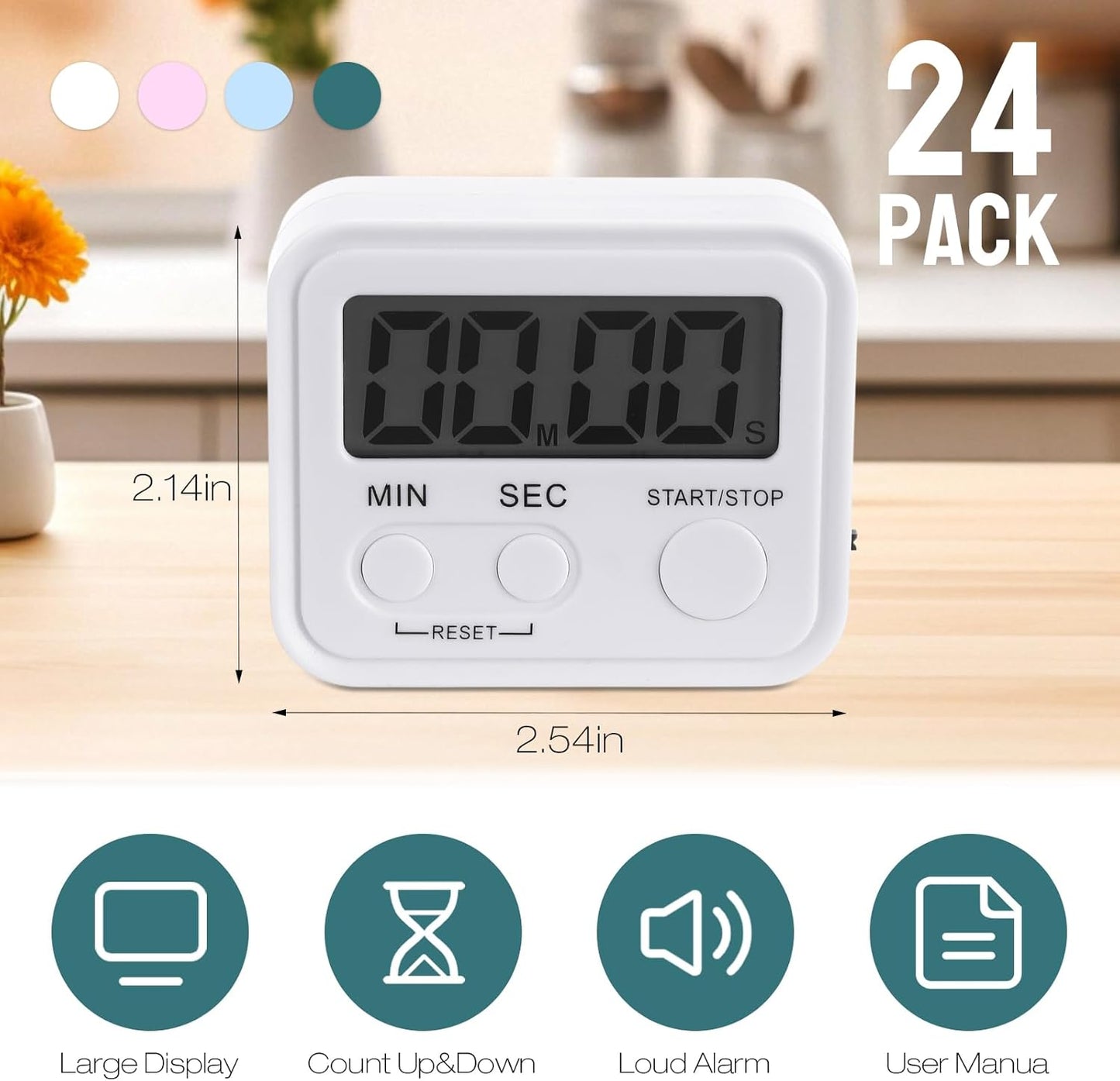 Weewooday 24 Pcs Digital Kitchen Timer Magnetic Timer Bulk On/Off Switch Minute Second Count up Countdown Loud Alarm for Exercise Cook Baking (Vivid Color)