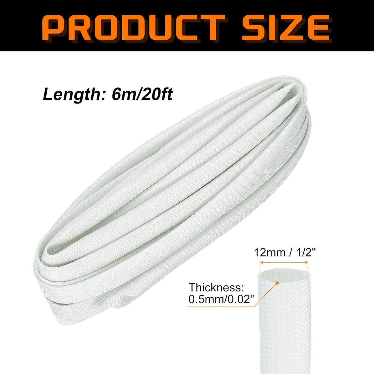 MECCANIXITY 20ft Braided Cable Sleeve, 1/2" ID 200C High Temperature 1500V Fiberglass Wire Insulation Cord Protector Organizer Wires Management for Motor Engine Fuel Line, White