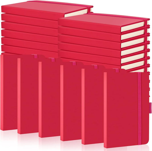 Laumoi Small Notebooks A6 Pocket Journals 3.5 x 5.5 Inch Small Leather Notebook Mini Ruled Lined Journal with Elastic Band Pen Holder Page Marker Ribbons(Rose Red,40 Pieces)