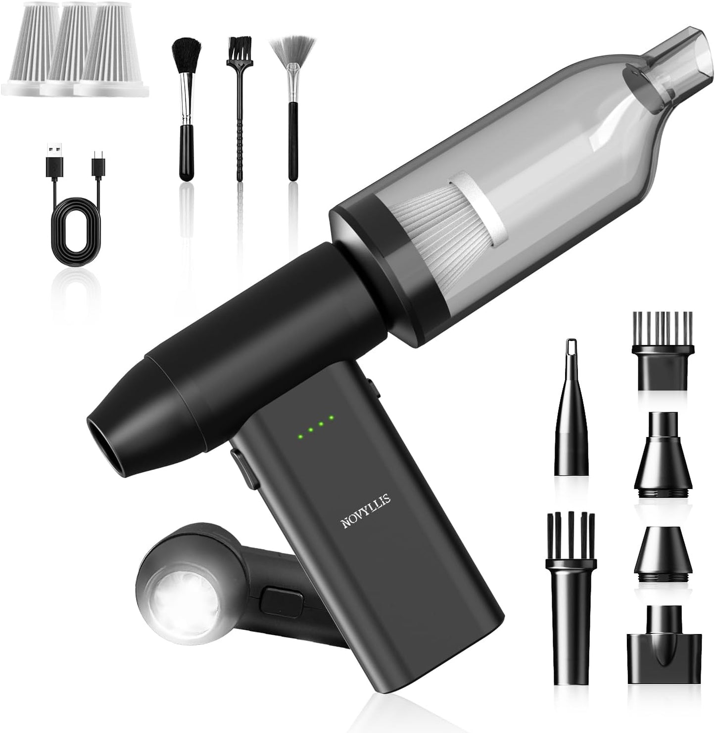 Electric Compressed Air Duster Mini Blower Cordless with Mini Vacuum Lighting 180,000 RPM Cleaner 5 Speed Handheld 3 in 1 USB-C for Computers Keyboards Electronics Home Car BBQ Grill