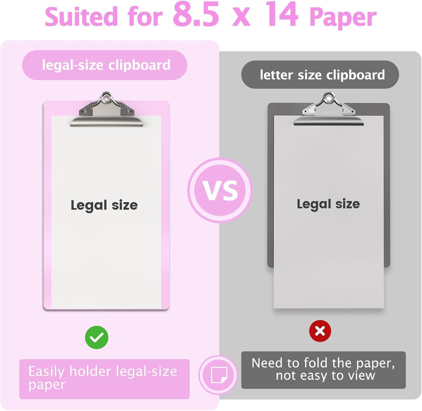 Legal Size Clipboard, Pink Plastic 8.5 x 14 Clip Board for Lawers, Heavy Duty Butterfly Clip, 9 x 15 in, Office & School Supply(Pack of 10)