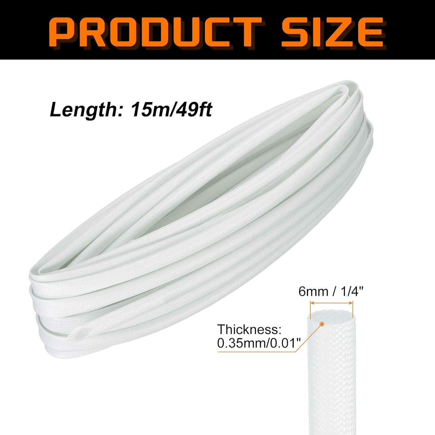 MECCANIXITY 49ft Braided Cable Sleeve, 1/4" ID 200C High Temperature 1500V Fiberglass Wire Insulation Cord Protector Organizer Wires Management for Motor Engine Fuel Line, White