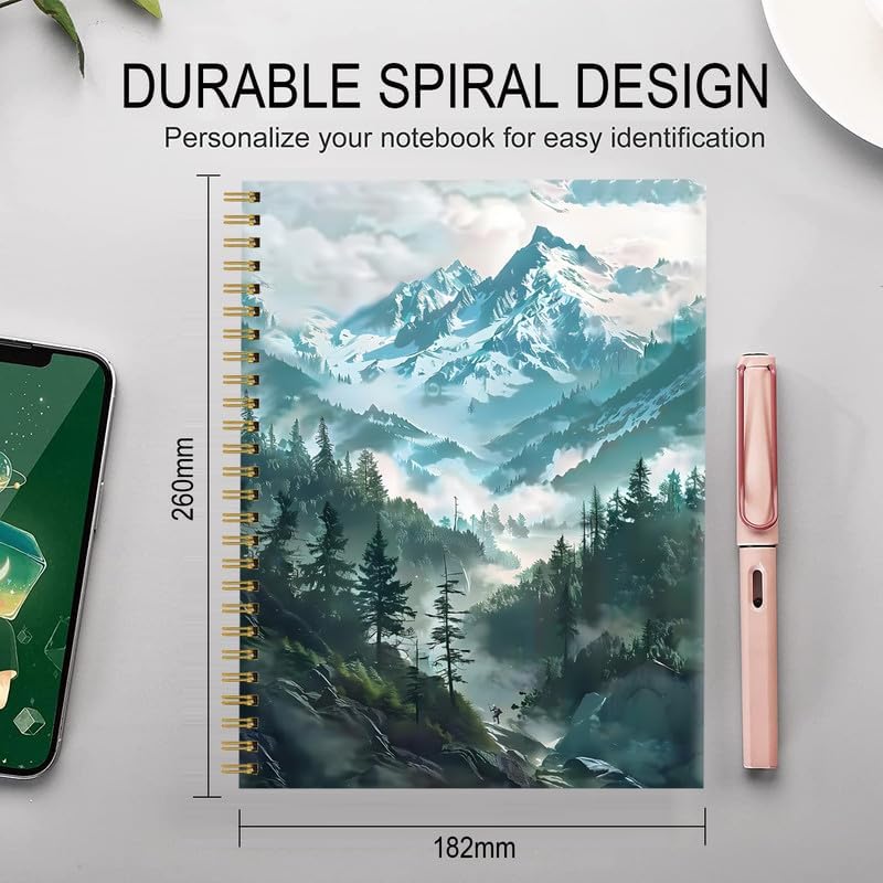 Spiral Journal Notebook for Women,A5 College Ruled Notebooks 6"x 8.4", 120 Pages (60 Sheets) Lined Journal with Premium Thick Paper,Perfect for School Office Home(Foggy Mountains Landscape)