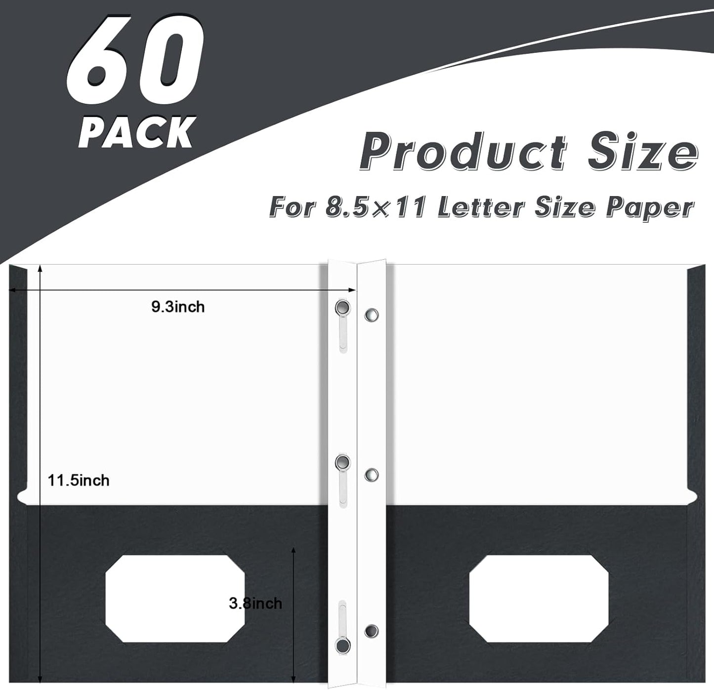 Two Pocket Folders, PANDRI 60 Pack Two Pocket Folders with Prongs, 3 Prong Folders Designed for Office and Classroom, Letter Size Black