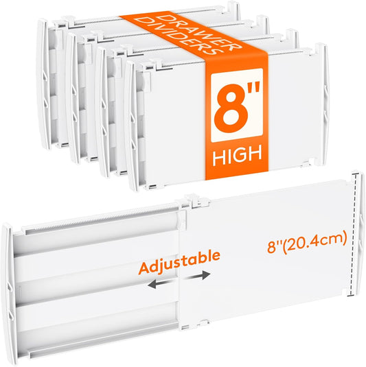 Lifewit 8" High 4 Pack Deep Drawer Dividers, 13.8-22.5" Adjustable Dresser Drawer Divider, White Drawer Organizer for Clothes, Tall Drawers Separators for Dresser, Kitchen, Bedroom, Cabinet, Office