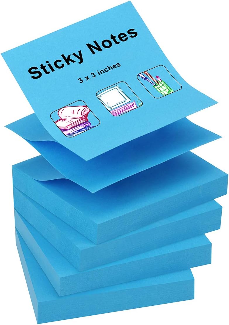 ZCZN 400 Sheets Pop-up Sticky Notes, 3 x 3 Inches, 4 Pads Bright Color Self-Stick Notes, 100 Sheets/Pad, Blue