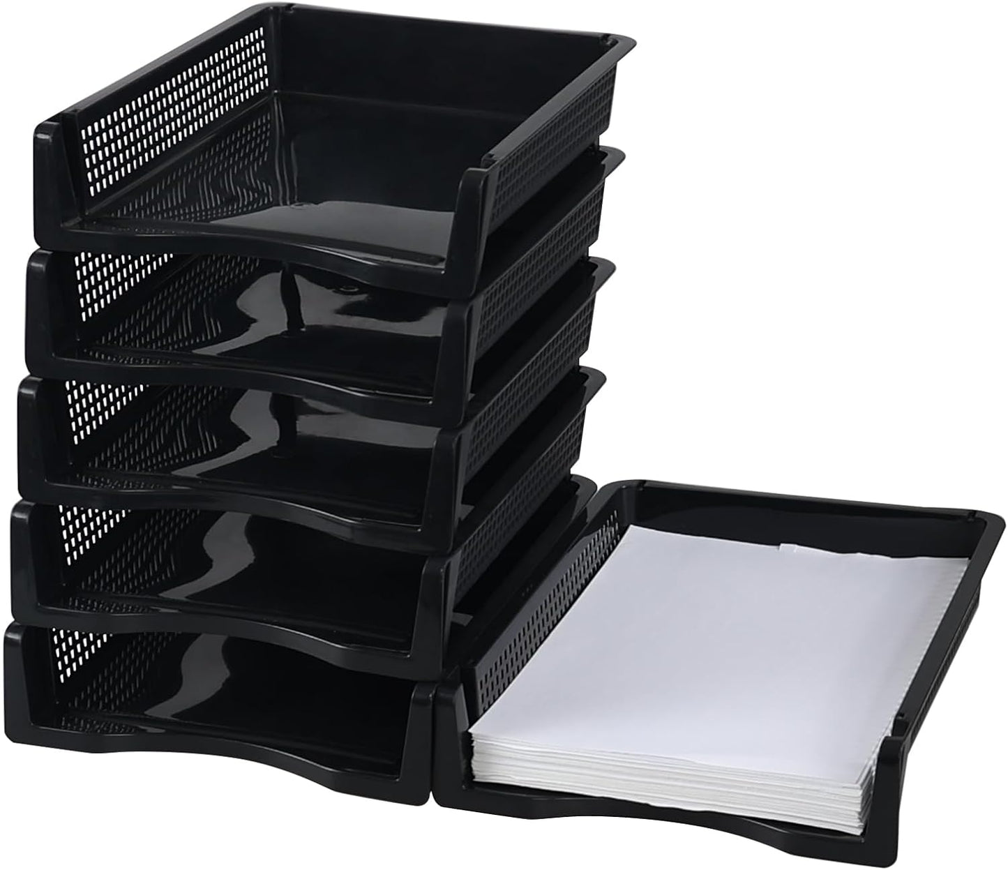 6 Pack Stackable Letter Trays, Plastic File Organizer Tray, Desktop Document File Paper Organizer, Black