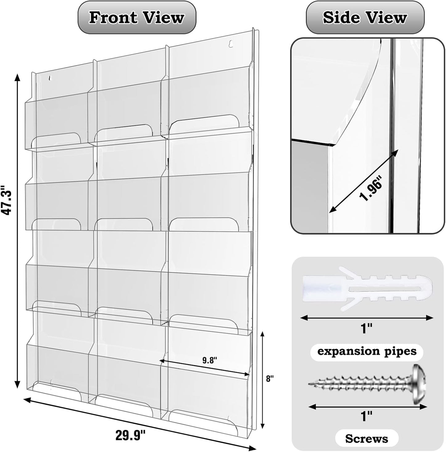 Nalwort Acrylic Brochure Pamphlet Holder, 12 Magazine Holders, Clear Brochure Display Stand Wall Mount, Trifold Flyer Rack, Literature Storage Rack for Home, Offices, Waiting Room