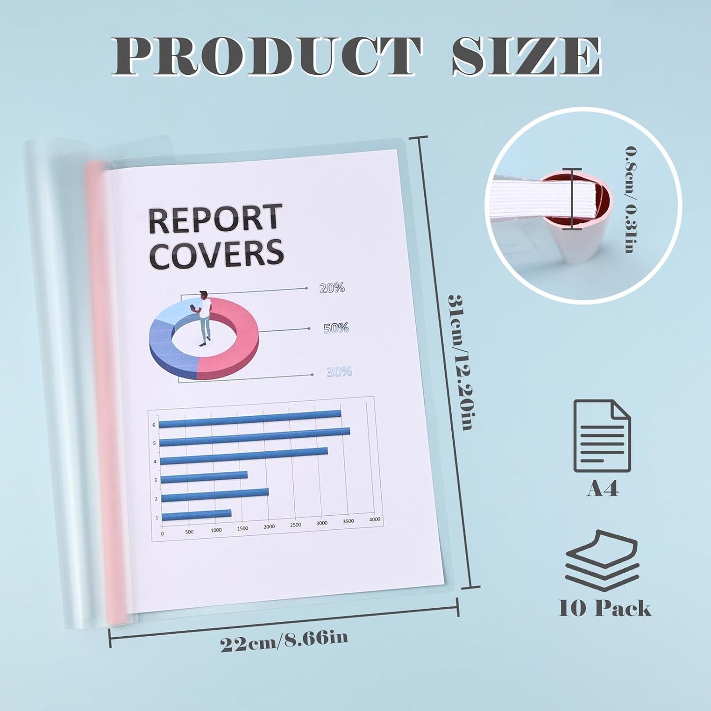 BAYTORY 10 Pack Clear Report Covers with Sliding Bar, Project Folders for A4 and Letter Size Paper, Resume Folder Presentation Binder for School Business, 60 Sheet Capacity/Pack (Multicolor)