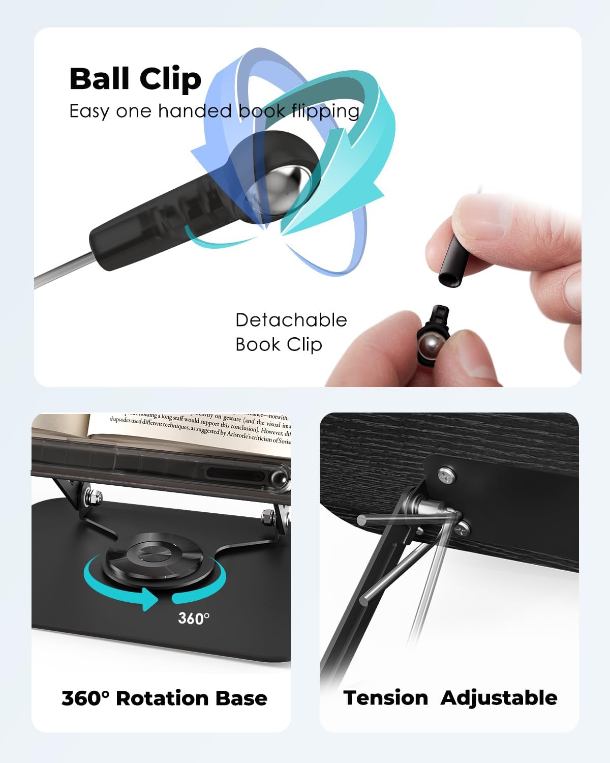 Viozon Book Stand for Reading,Book Holder, Height&Angle Adjustable, 360° Rotating Base, Foldable and Portable, Lightweight for Office, Kitchen, School Textbook, Recipe, Magazine,Kindle,Table B