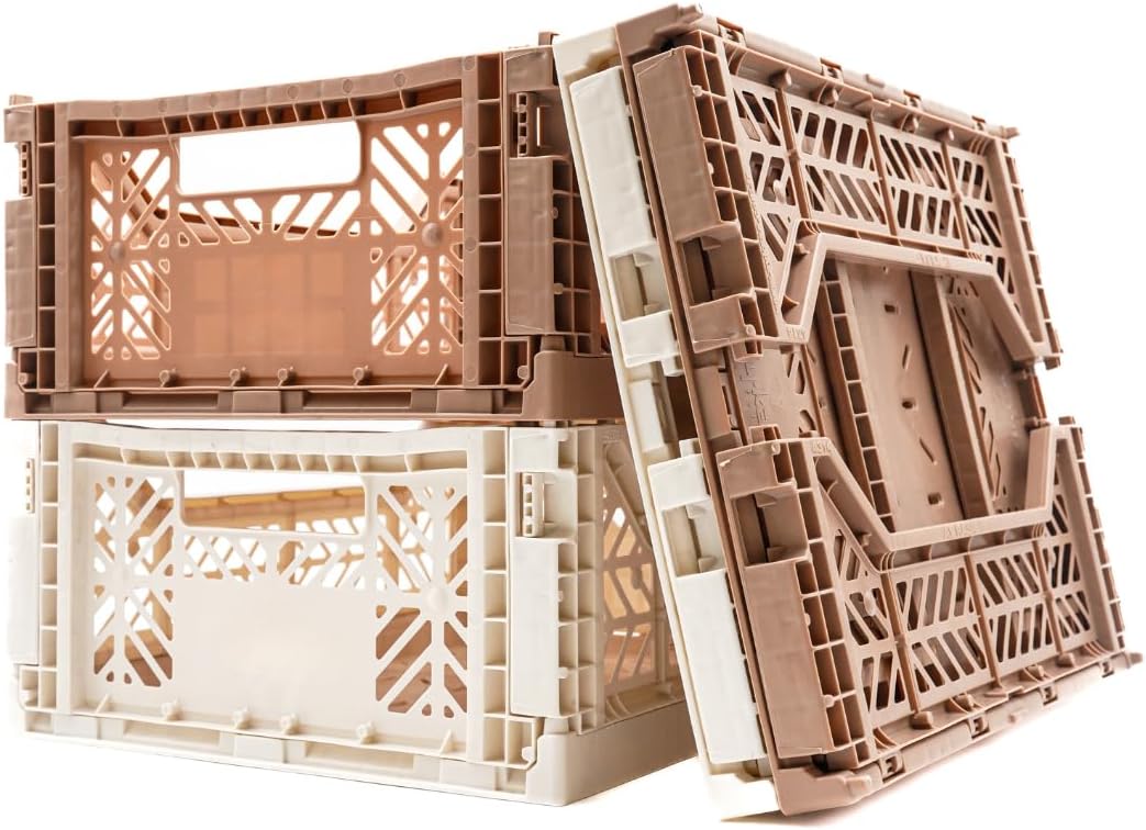 Collapsible Storage Box, Foldable Crate Organizer Bin with Handle, Stackable Crates for Home Organization (Warm Taupe - Coconut, 14L - 4 Pack)