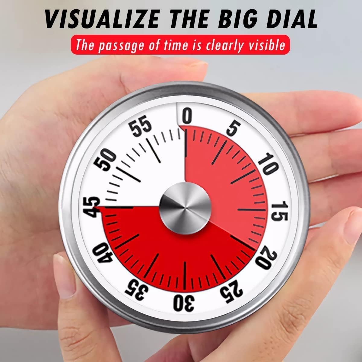 Visual Kitchen Timer for Cooking and Kids with Loud Alarm, Classroom Timers for Desk, No Batteries Required, Mechanical Desk Timer, Magnetic Egg Timer for Study, Chef Clock, Stainless Steel, Countdown