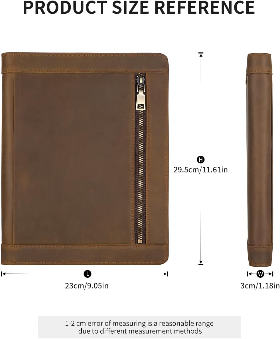 Augus Genuine Leather Portfolio with Zipper for Men/Women, Padfolio Business Resume A4/Pad, Folder Organizer, with Document Pocket, ID Window, Card Slots, Pen Holders (Brown)