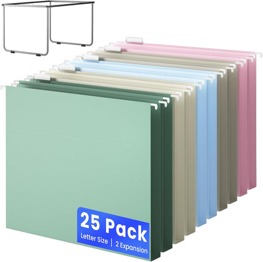 Hanging File Folders Letter Size, Metal File Frame with 25 Pcs Colored Hanging File Folders, 2'' Extension 1/5-Cut Tabs File Organizer Includes Hanging Folders for Desk Office Filing Cabinet