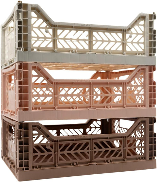 Collapsible Storage Box, Foldable Crate Organizer Bin with Handle, Stackable Crates for Home Organization (Peach-Brown-LightGray, 14L - 3 Pack)