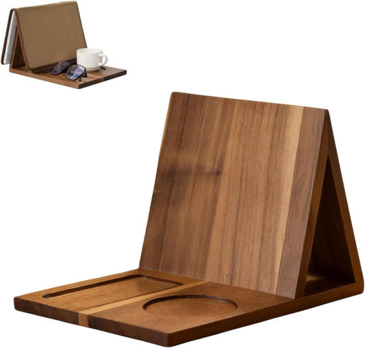 Wooden Book Valet Stand with Cup and Phone Slot, Triangle Book Holder for Desk, Nightstand, or Tabletop Reading Display