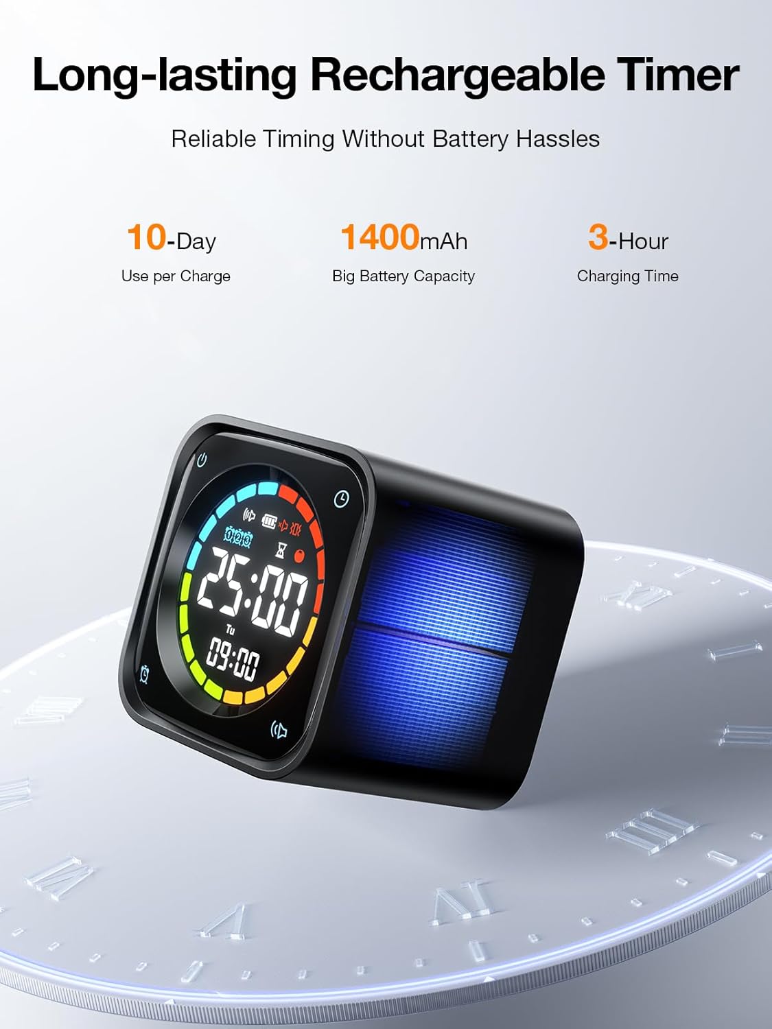 TK3 Pomodoro Timer Cube, Desk Productivity Timer with 5/10/30/60 Min Presets, Custom Countdown, Stopwatch, Clock, 3 Alarm, Silent, Vibrate & Sound Mode, for Task, ADHD, Study, Kitchen (Obsidian Black)